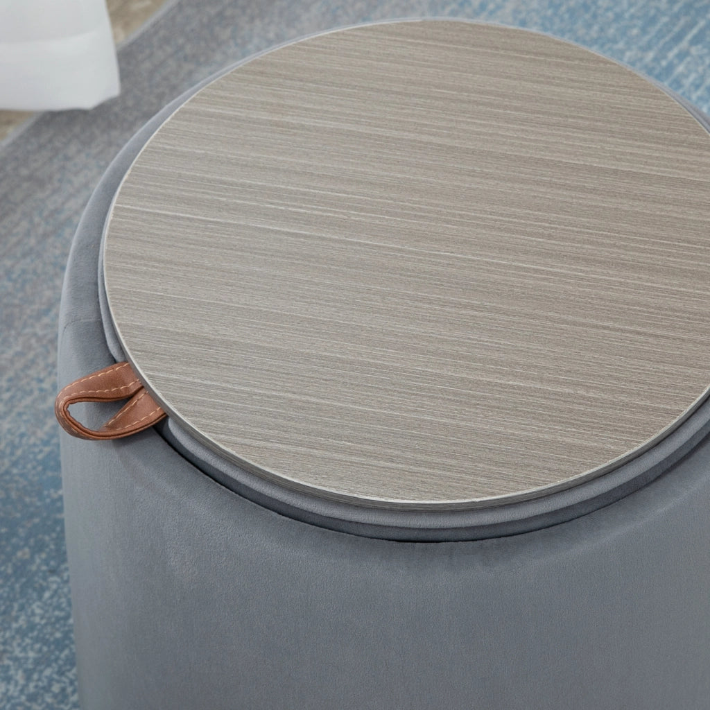 Pouf rotondo 2 in 1 con contenitore e coperchio reversibile, effetto velluto grigio, Ø44 x 47,5 cm