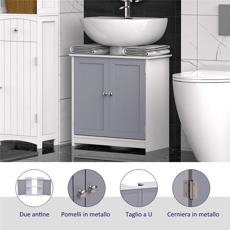 MOBILE SOTTO LAVABO A U 2 ANTE CON MENSOLA REGOLABILE 60X30X60CM BIANCO E GRIGIO
