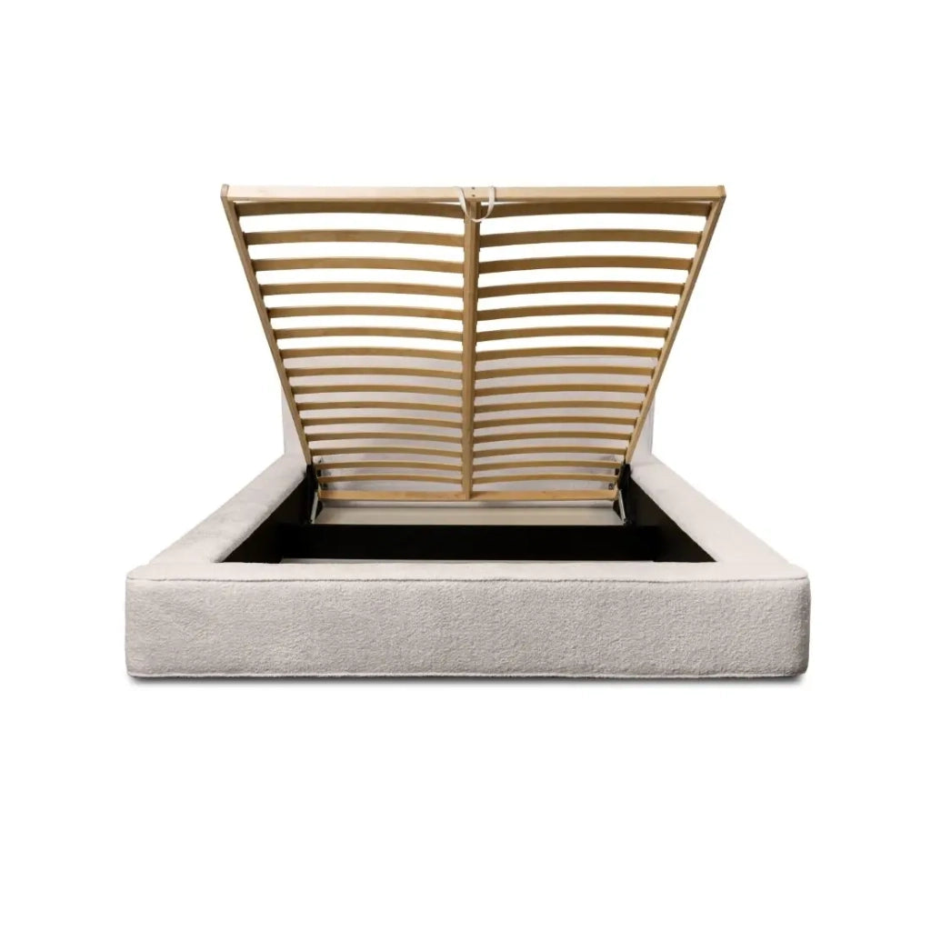Lit coffre VELORA – Beige poudré bouclé – 160x200 cm – Tessuto velluto morbido – Rete sollevabile – Contenitore integrato