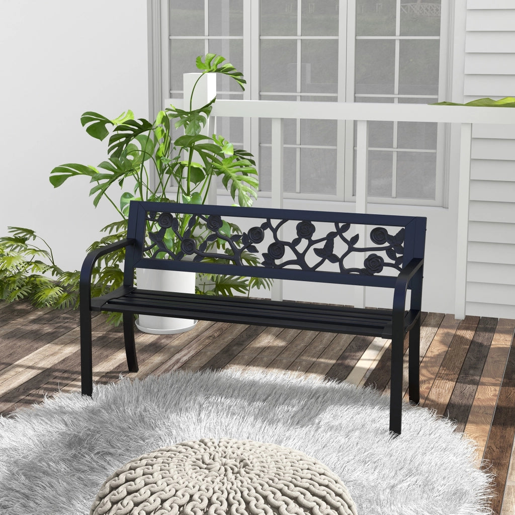 Panchina da giardino 2 posti in acciaio resistente per esterno e terrazzo, schienale decorato e braccioli, 127x50x75cm, nero