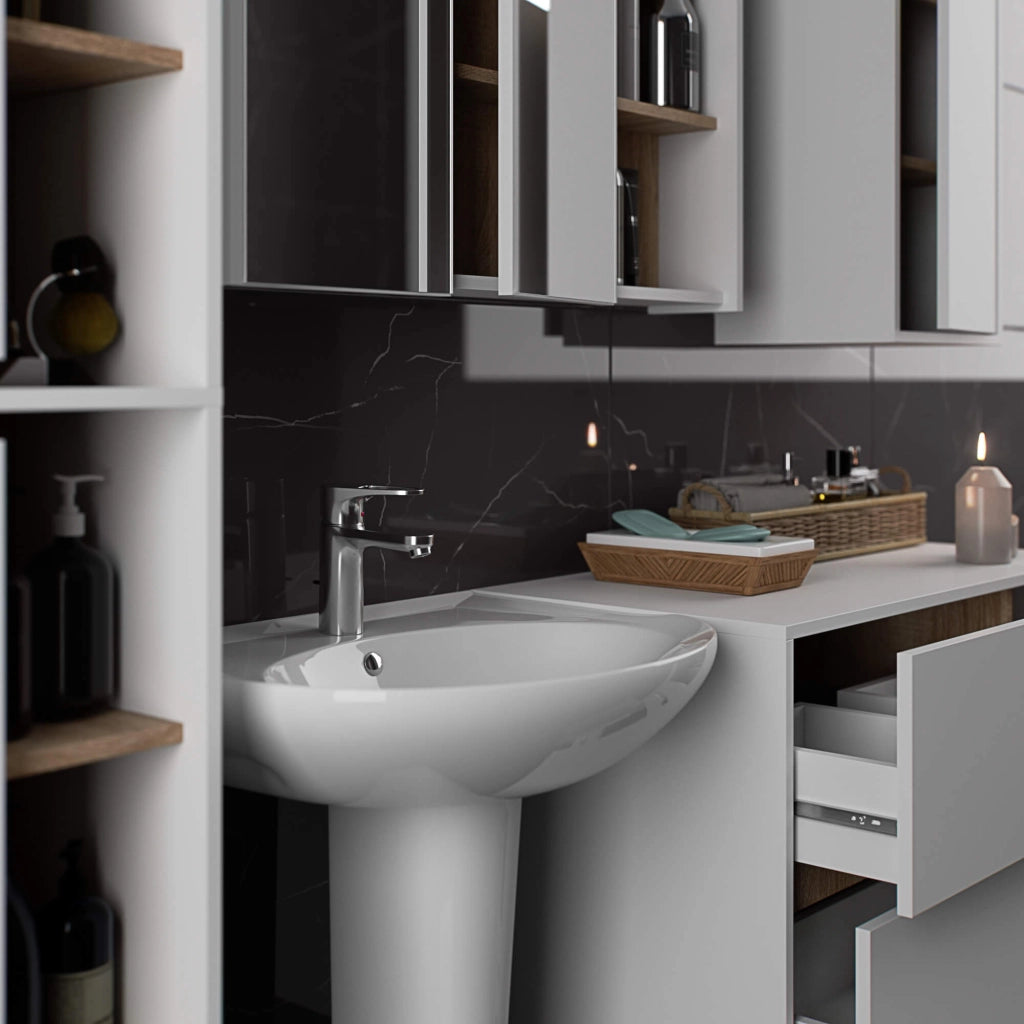 Pensile bagno con specchio VAMI Bianco, Sonoma Quercia 90 cm 2 ante 90x15x75 cm