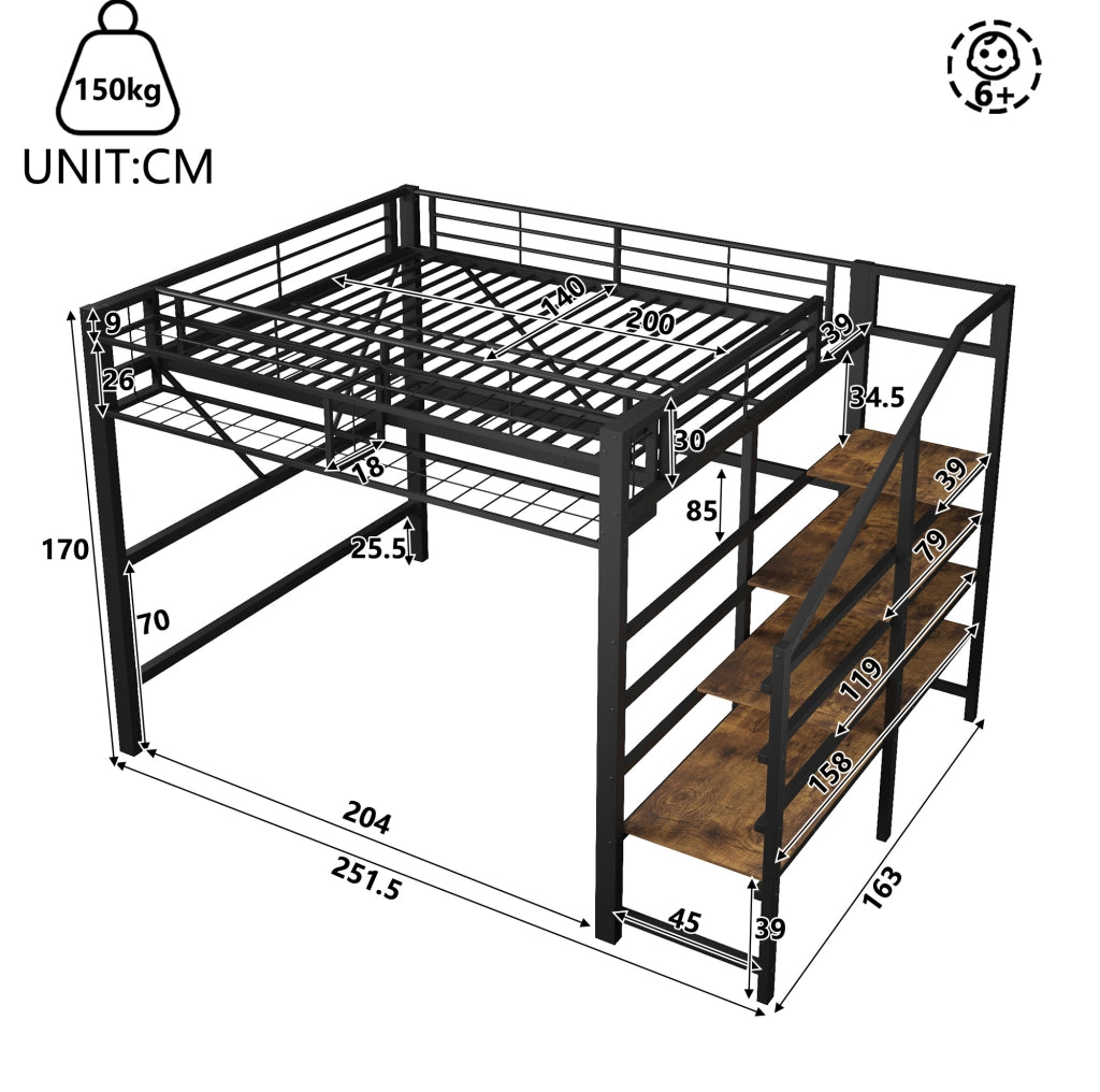 Letto a soppalco 140x200 cm con scaffale a gradini; vano portaoggetti e LED; in MDF e metallo nero