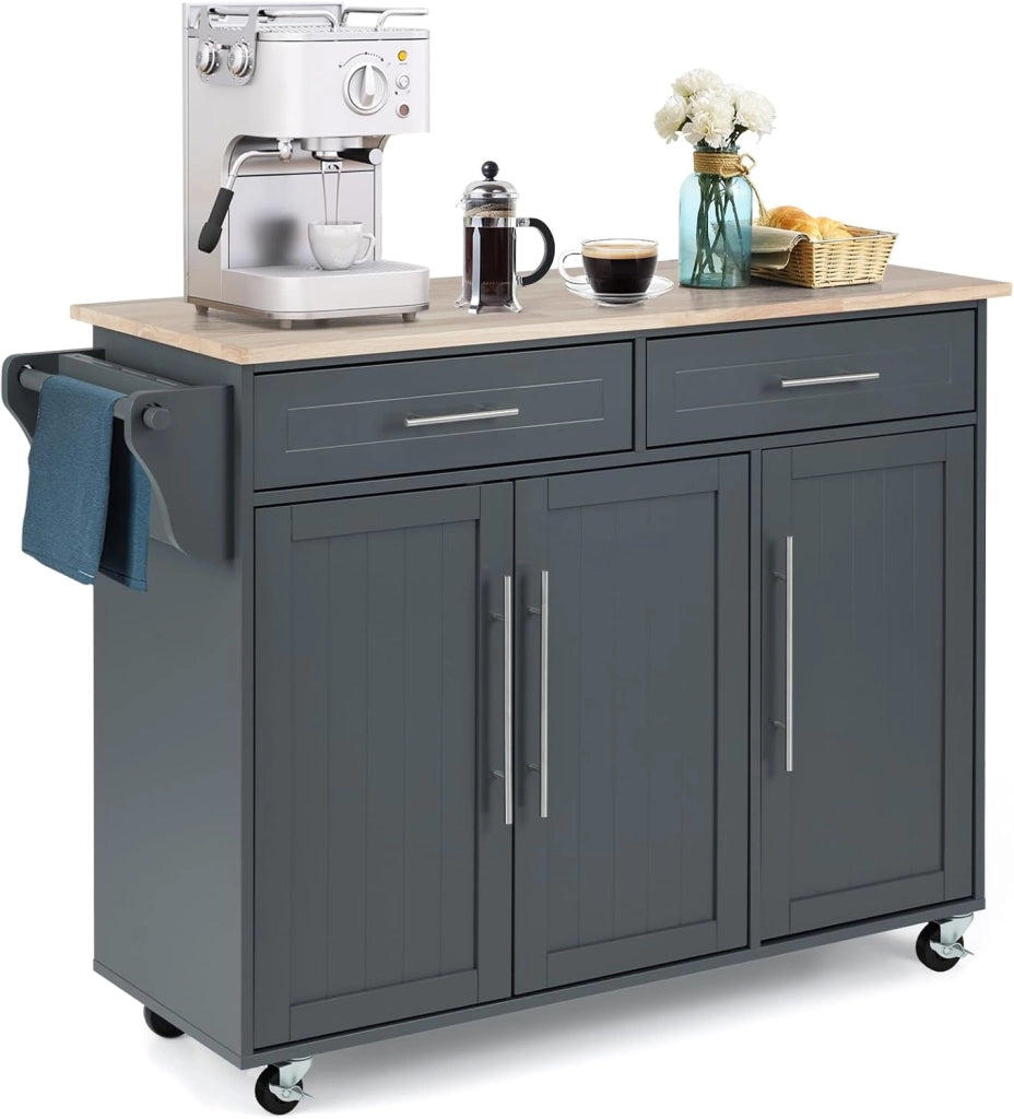 Carrello da Cucina, Carrello di Servizio con Ruote e Maniglia, 3 Ante e 2 Cassetti, Ideale per Cucina Ristorante Bar, 122x46x92,3 cm (Nero)