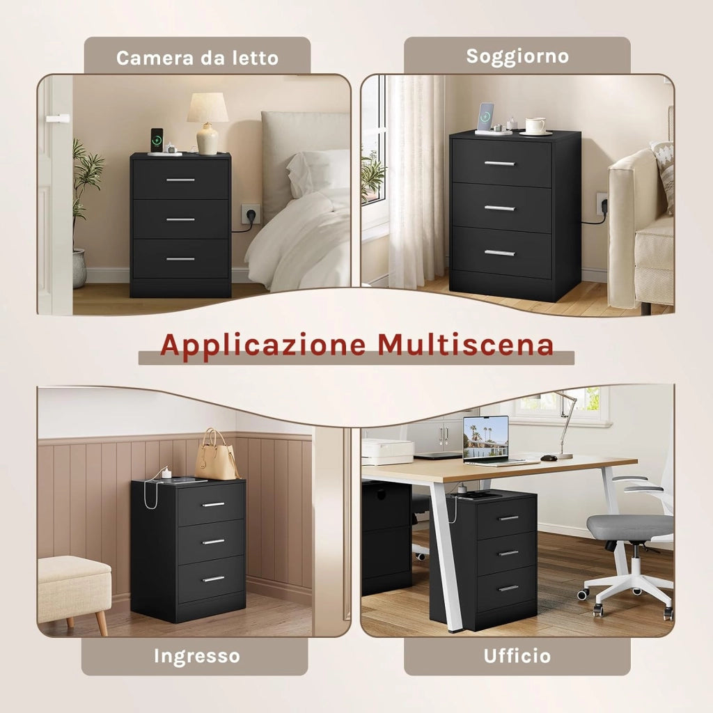 Set di 2 Comodini, Comodini con Stazione di Ricarica, con 3 Cassetti, Neri, per Soggiorno Camera da Letto Studio, 39x28.5x54.5cm