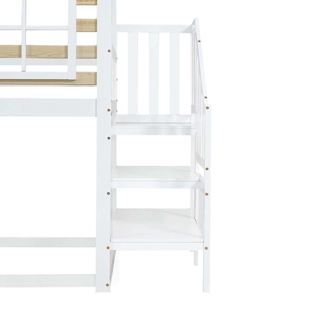 Letto a castello per bambini con scivolo, scala e finestre 90x200 cm