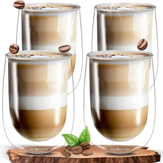 Bicchieri in vetro di borosilicato termoresistente, bicchieri per tè, caffè, cappuccino, acqua, succo, tè freddo, bicchieri da caffè, 4 x 350 ml