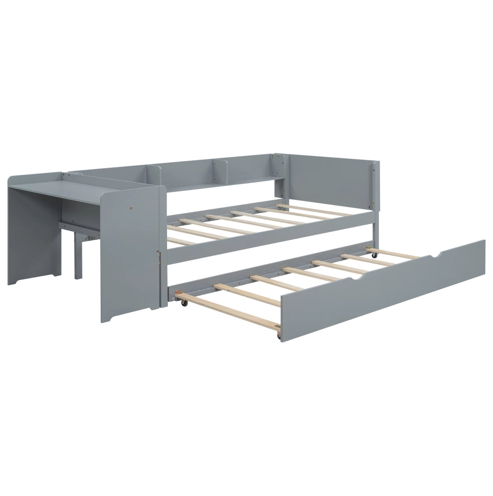 Letto per bambini 90x200 cm con letto estraibile; scrivania e ripiani laterali in legno e MDF grigio