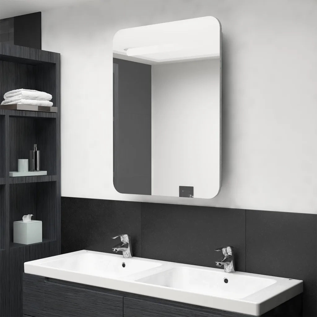 Armadietto Bagno con Specchio e LED-Mobile bagno con specchio Grigio Cemento 60x11x80 cm