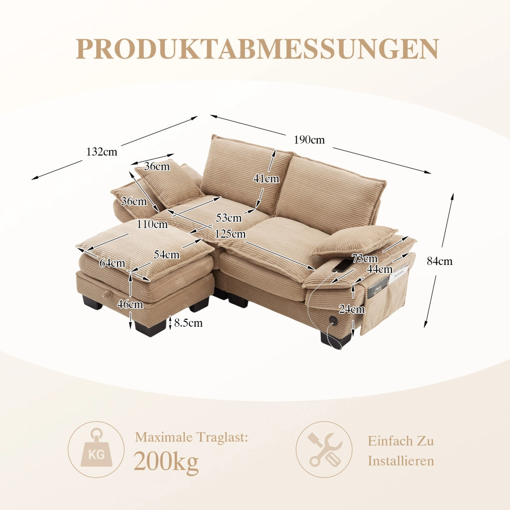 SOFA 2 posti con pouf 190x132x84 cm in tessuto corduroy khaki