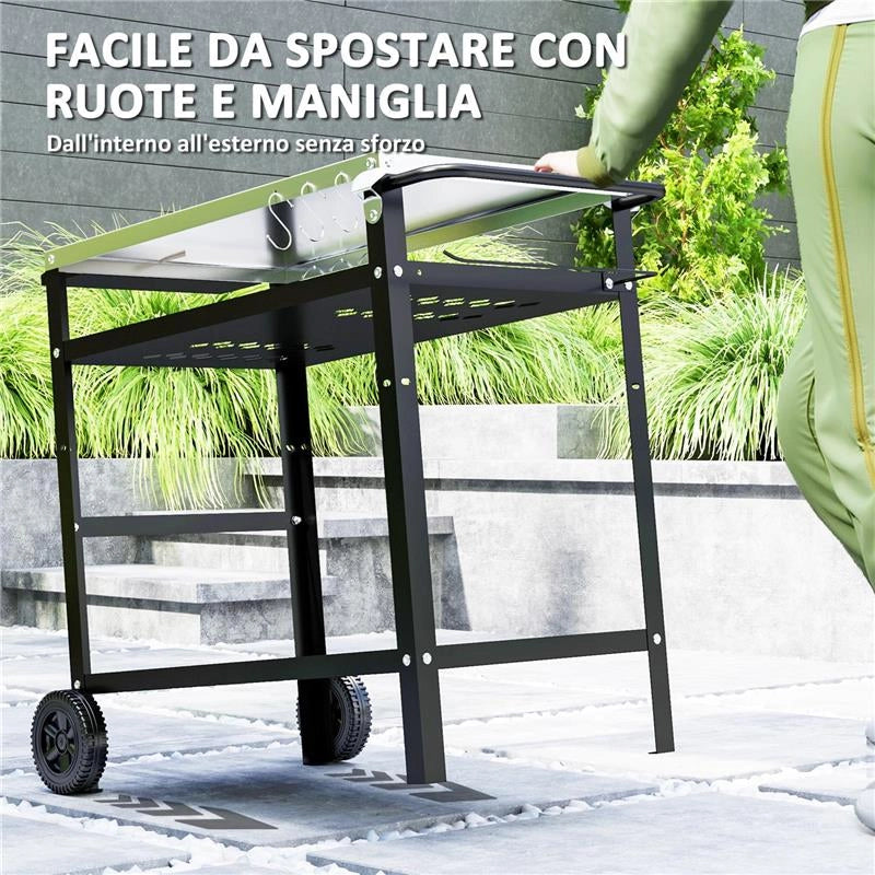 CARRELLO PER BARBECUE CON PIANO IN ACCIAIO E RIPIANO REGOLABILE, RUOTE E GANCI 100X52X80 CM NERO