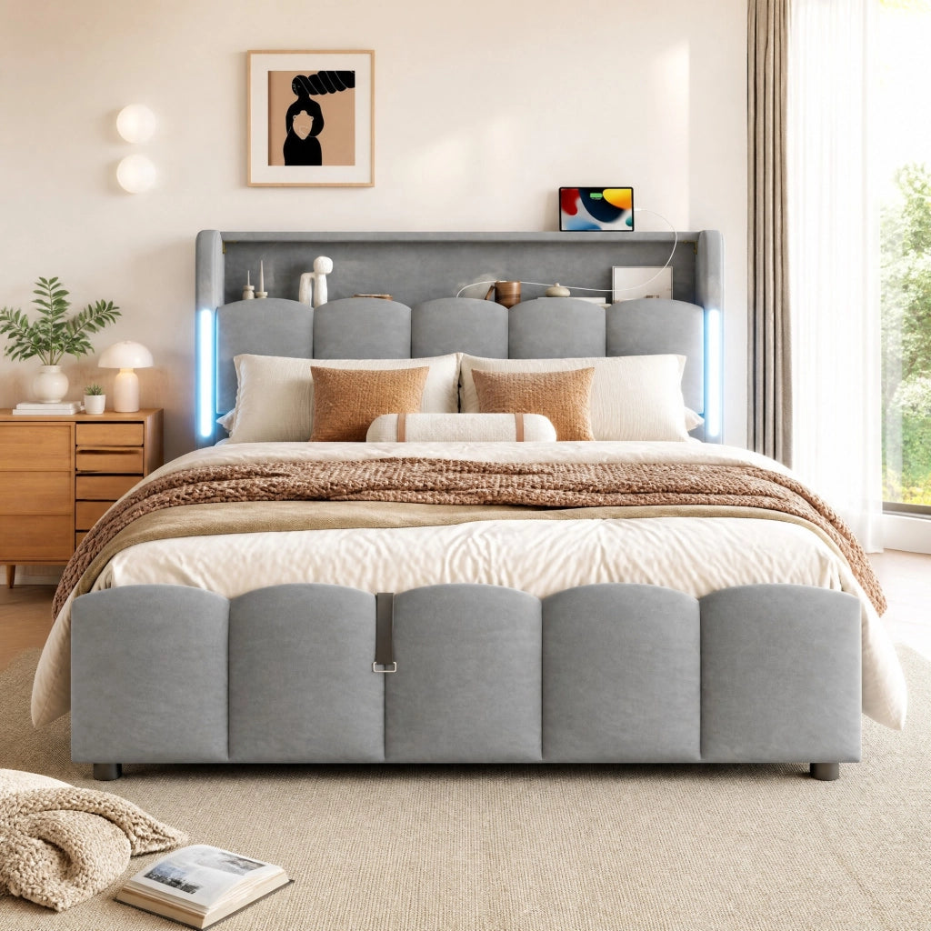 DESMIU Letto Contenitore 140 × 200 cm 2 Posti con LED, USB, USB-C e Testiera con Vano, senza Materasso, Velluto Grigio