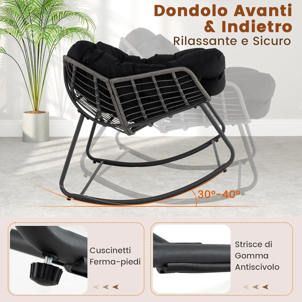 Sedia a Dondolo da Esterno, Poltrona in PE Vimini con Cuscino Rimovibile, Poltrona Relax in Rattan con Struttura in Metallo, per Soggiorno, Balcone, Giardino, Portata 150 kg (Nero)