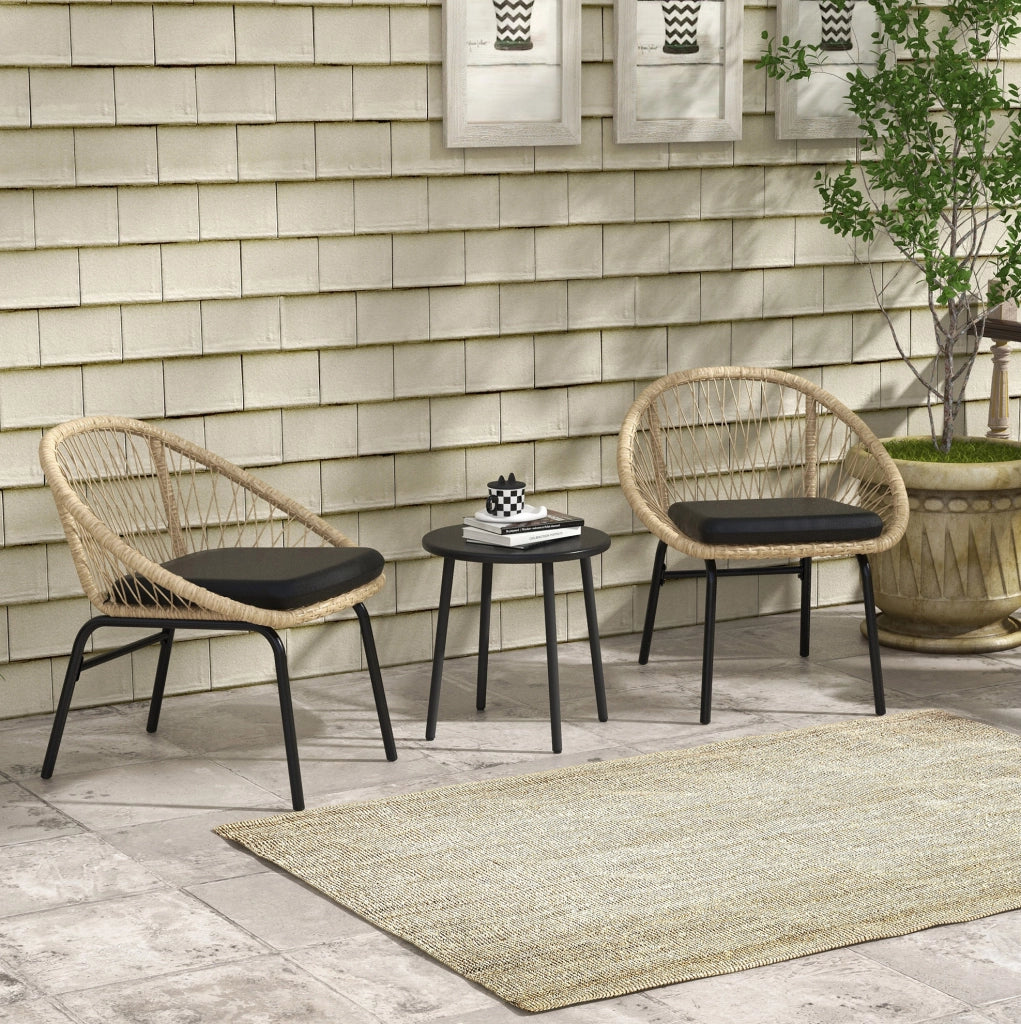 Set da giardino in rattan con 2 sedie, tavolo rotondo e cuscini per il relax all'aperto