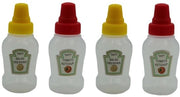 Set di bottiglie mini per condimenti da 4 - 23ml - Contenitori di plastica per salse - Bottiglie portatili - Per ketchup/siroppo - Dimensioni compatte 7x3x0,9 cm - Bottiglia per salse