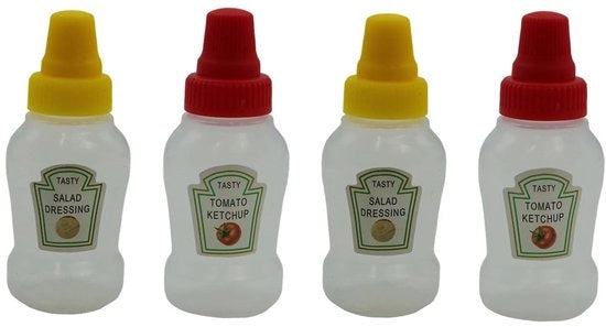 Set di bottiglie mini per condimenti da 4 - 23ml - Contenitori di plastica per salse - Bottiglie portatili - Per ketchup/siroppo - Dimensioni compatte 7x3x0,9 cm - Bottiglia per salse