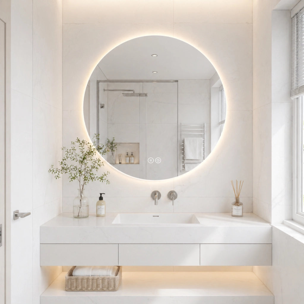 Specchio bagno LED rotondo con luce frontale e retroilluminazione, antiappannamento, 3 tonalità, dimmer e memoria