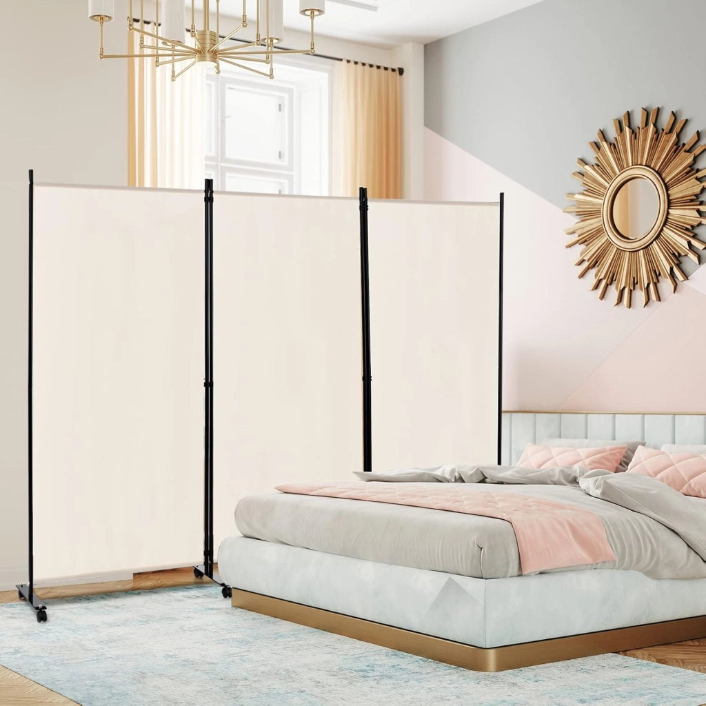 Paravento da Interno in Metallo, Separé Divisorio Interno Pieghevole con Piedini Stabili, Pannelli Divisori per Interni per Casa e Ufficio (Beige, 262 x 180 cm (3 Pannelli con ruote))