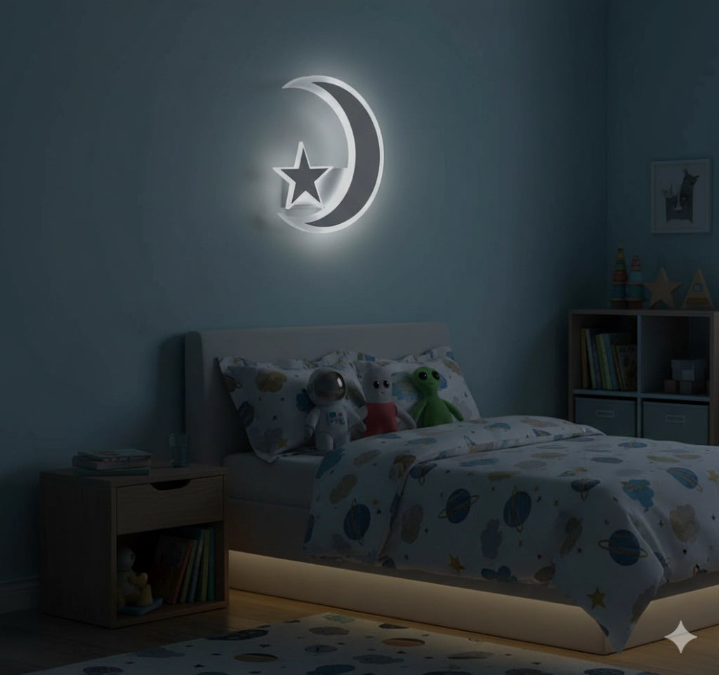 Applique LED da Parete 11W Design Luna e Stella Bianco – CCT Switch 3000K 4000K 6500K – 550 Lumen – Alluminio e Acrilico – Moderno per Cameretta, Soggiorno o Corridoio