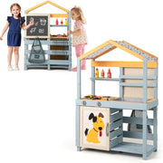Cucina Giocattolo per Giardino con Negozio e Barbecue 3 in 1, Cucina per Bambini in Legno di Pino con Griglia, Lavagna, Cesti e Forno, Set Cucina con 12 Accessori, 75 x 34 x 111 cm