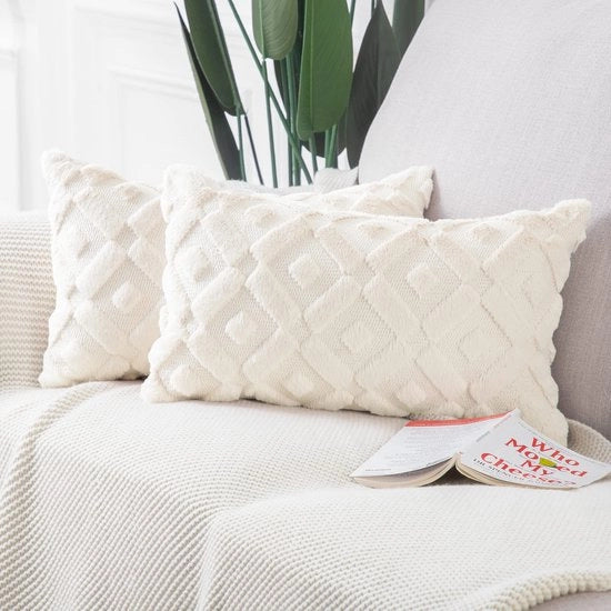 Set di 2 cuscini di plaid, soffici, decorativi, in peluche, in flanella, in stile lussuoso, per cuscini di divano, camera da letto, beige, 40x80 cm, rettangolare