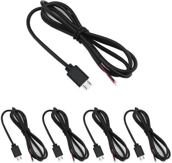 Set di 5 cavi micro-USB di allungamento a 2 conduttori con filo bianco 22 AWG, adatti per saldatura e connessione semplice con estremità aperte