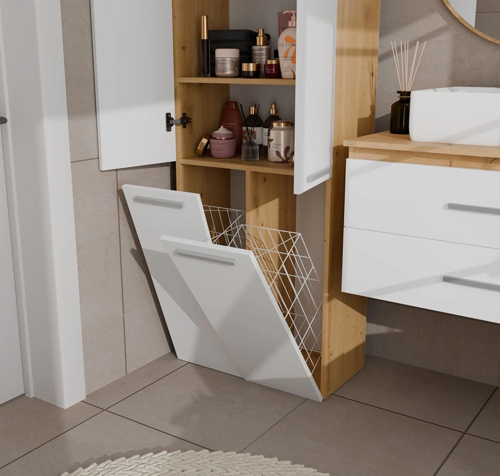 Mobile bagno NEL 2k DD scaffale colonna 2 kosze per bucato bianco rovere artisan