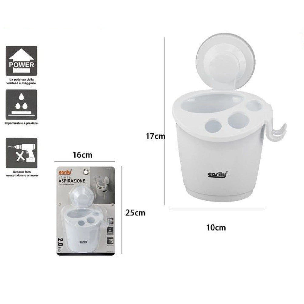Trade Shop - Porta Spazzolini Dentifricio A Ventosa Bianco Contenitore Parete Bagno 59541 -