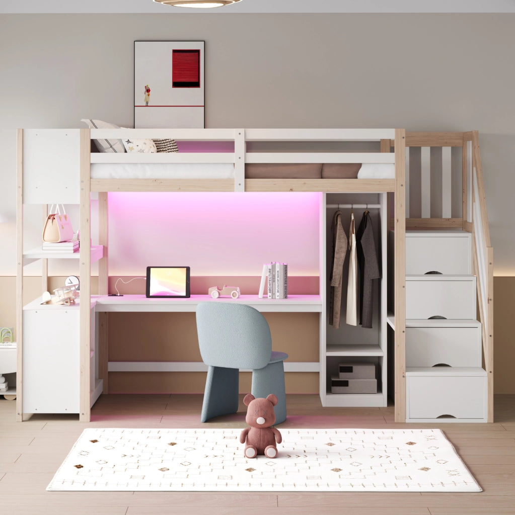 Letto a soppalco multifunzione 90x200 cm con scrivania; armadio; LED; bianco e naturale