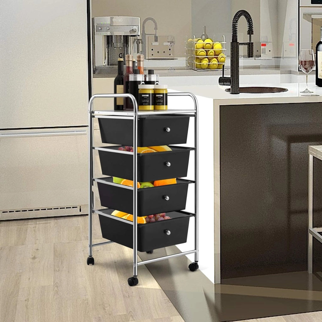 Carrello con 4 cassetti impilabili, carrello per cassetti, carrello da cucina con ruote, carrello portaoggetti, per cucina, bagno, ufficio, 32 x 37 x 76 cm (nero)