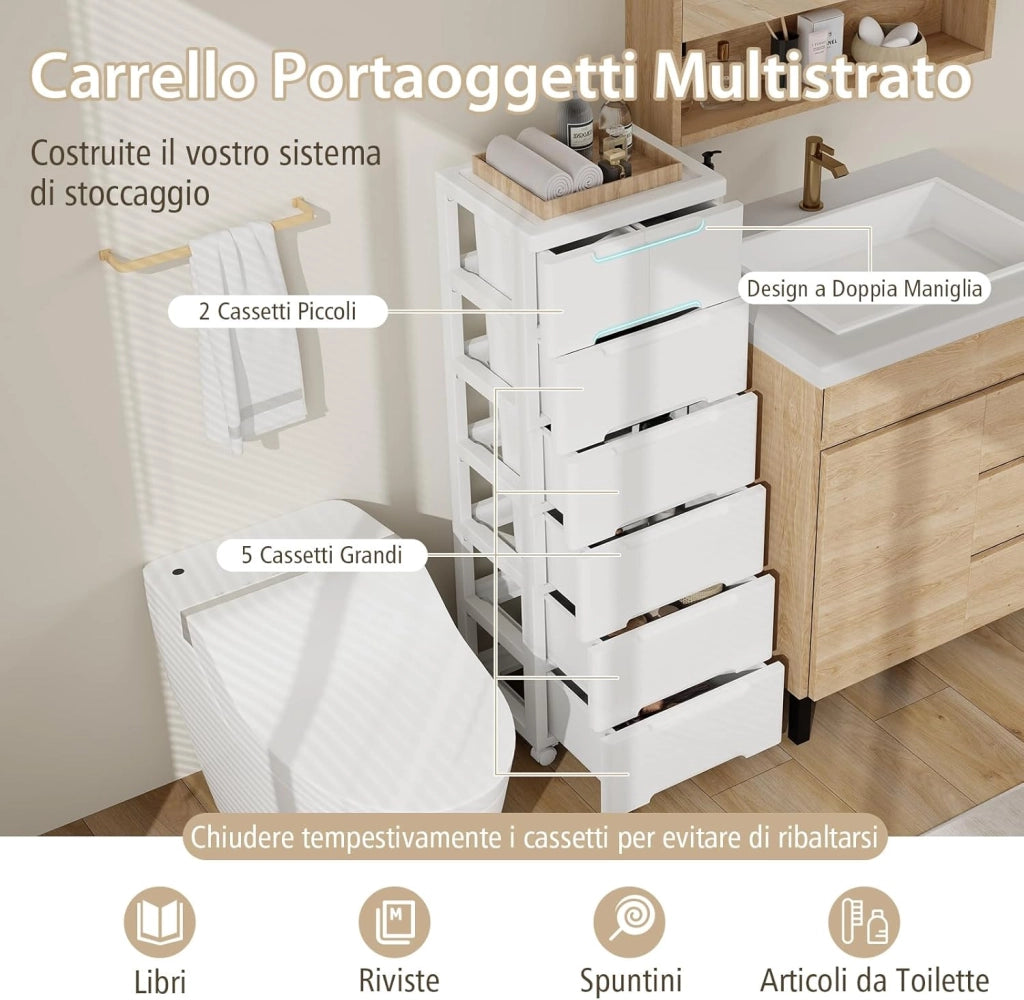 Cassettiera a 6 Cassetti, Comò Camera da Letto con Ruote Universali Bloccabili, Mobile Salvaspazio Moderno per Ufficio, Scrivania, Bagno e Cameretta, 40 x 32 x 114 cm