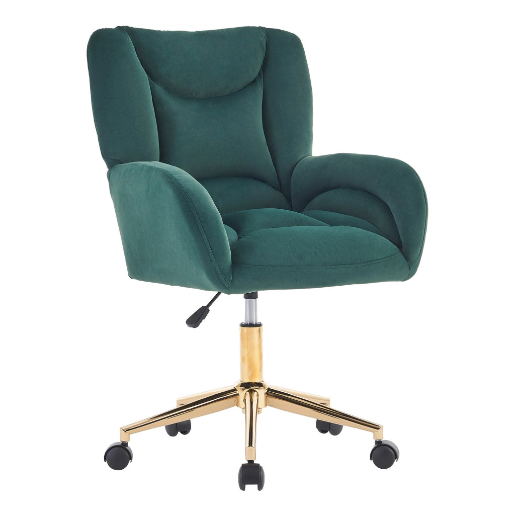 Sedia da ufficio regolabile in velluto verde con base in metallo dorato e ruote 360°