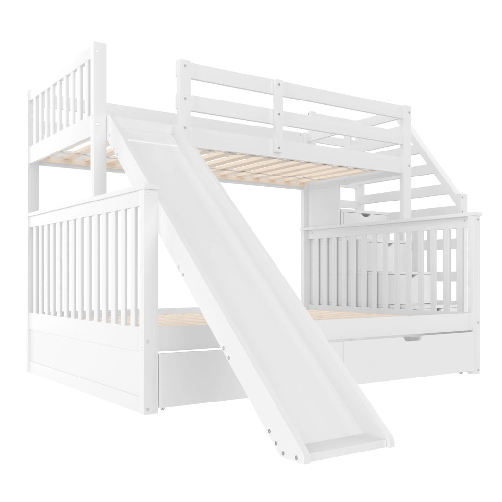 Letto a castello con scivolo e contenimento 90x200/140x200 cm; bianco antico