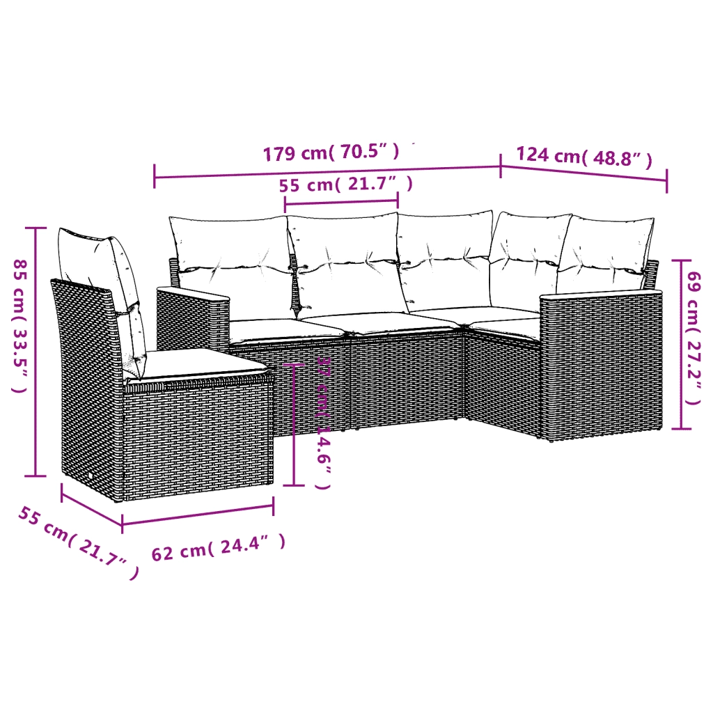 Set Divano da Giardino 5 pz con Cuscini Beige in Polyrattan