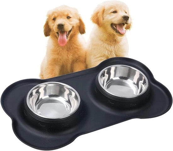 Piatto per cibo cane e gatto, doppio piatto in acciaio inossidabile, antiscivolo, con piatto anti-scrocio in silicone nero grande
