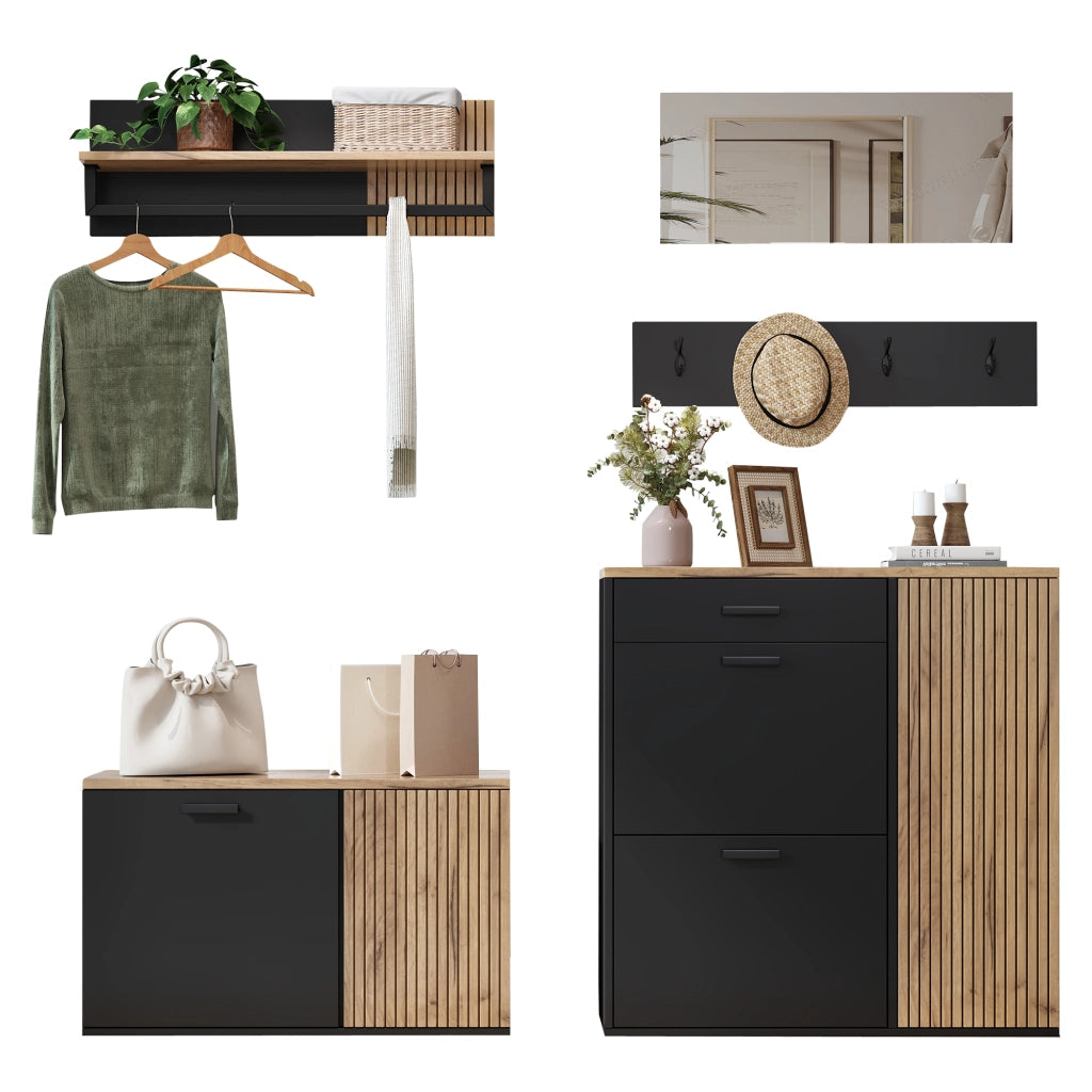Mobili da ingresso set a 2 armadi con specchio 4 ganci e scarpiera ribaltabile in truciolare nero e naturale