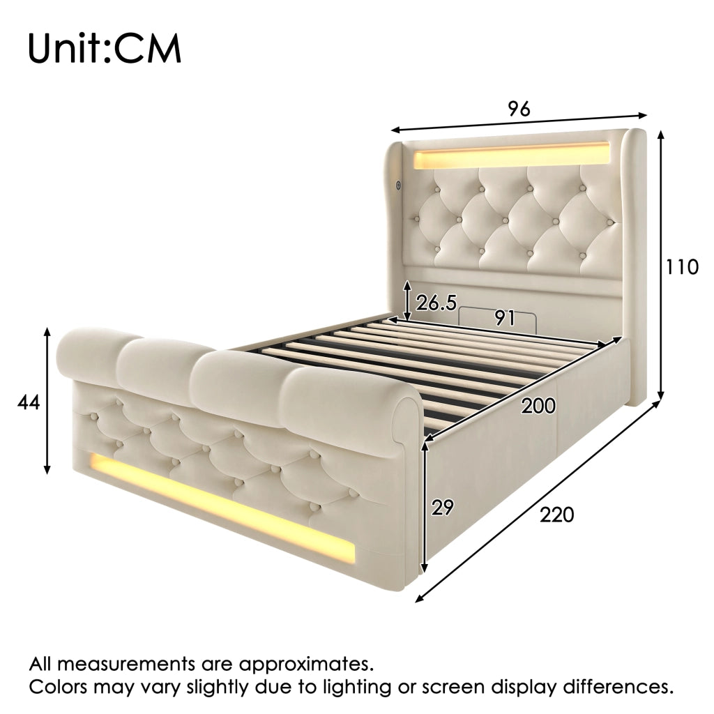 LETTO Imbottito con LED e USB/Type-C 90x200 cm Velluto Beige