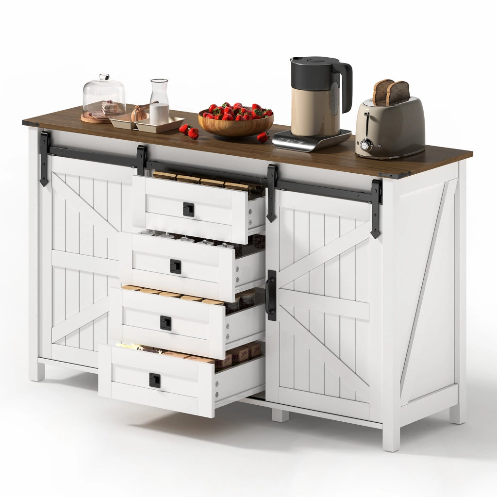 Credenza sideboard con 2 ante scorrevoli e 4 cassetti, 137 cm, bianco, in MDF