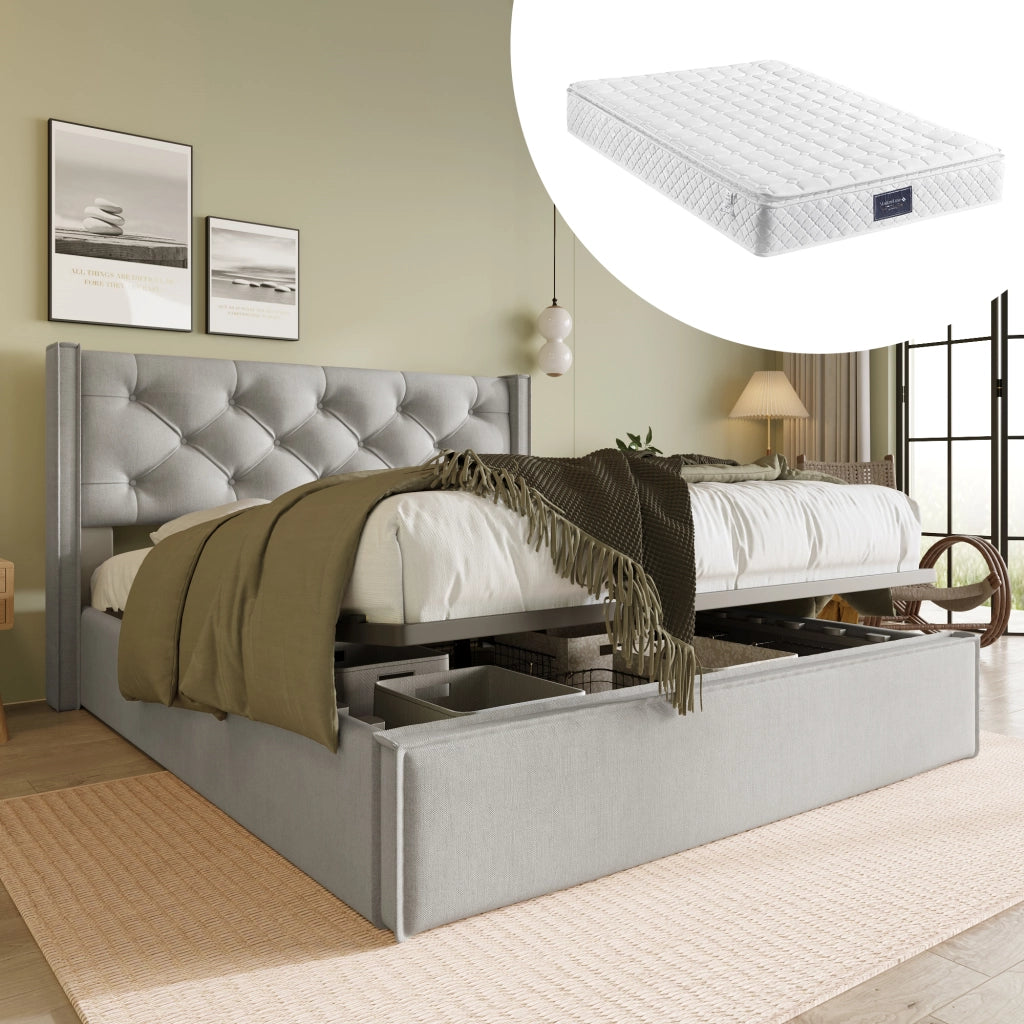 Letto matrimoniale imbottito 140x200 cm con rete a doghe in legno, contenitore sollevabile, grigio chiaro