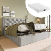 Letto matrimoniale imbottito 140x200 cm con rete a doghe in legno, contenitore sollevabile, grigio chiaro