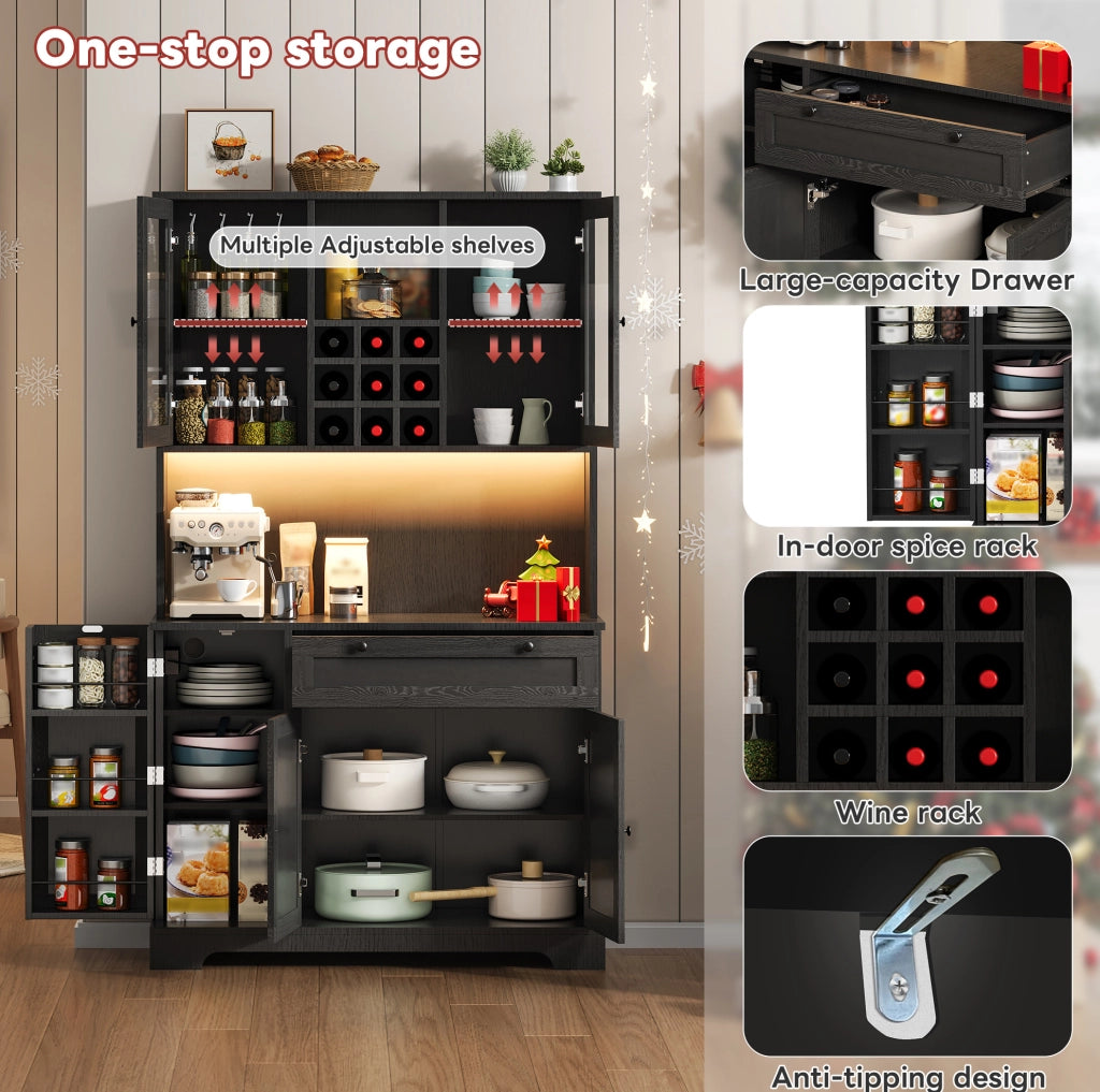 Credenza cucina alta 180x105x40 cm con LED; prese USB e AC; MDF nero