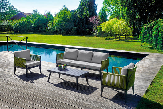 Set Salotto da Giardino Divano 2 Poltrone e Tavolino Nimes con Cuscini in Alluminio e Corda Verde e Grigio