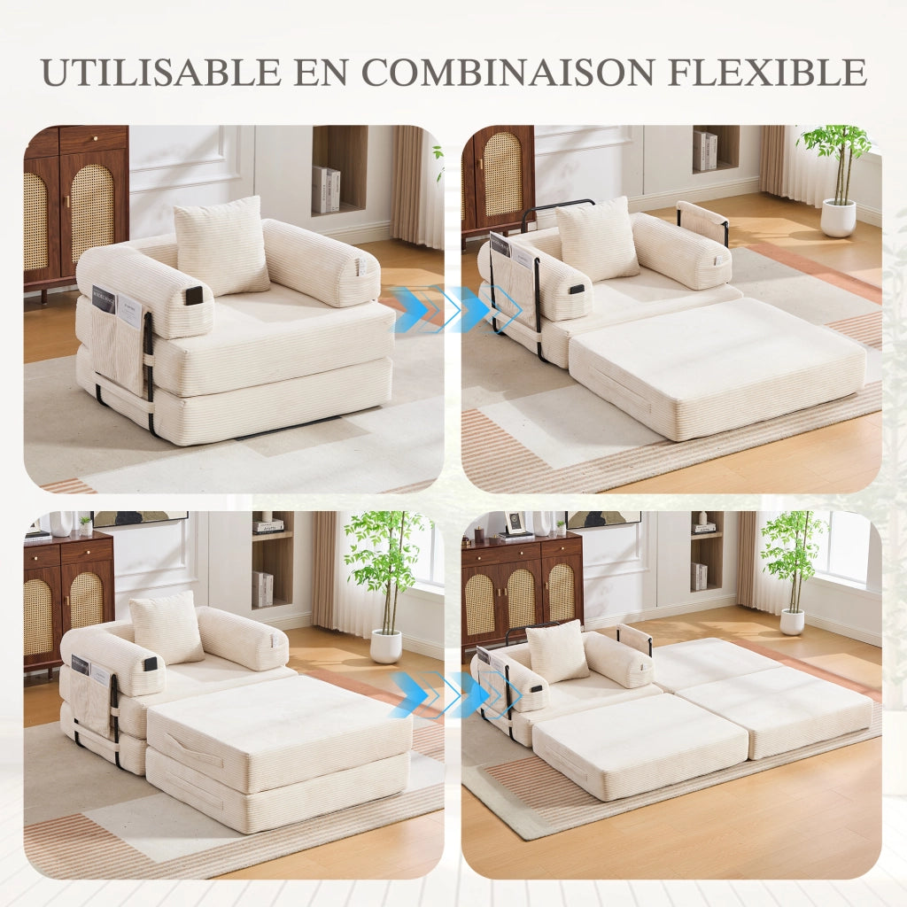 Fauteuil con pouf modulare in velluto a coste con tasca laterale e cuscino beige per soggiorno 112 × 190 × 67 cm