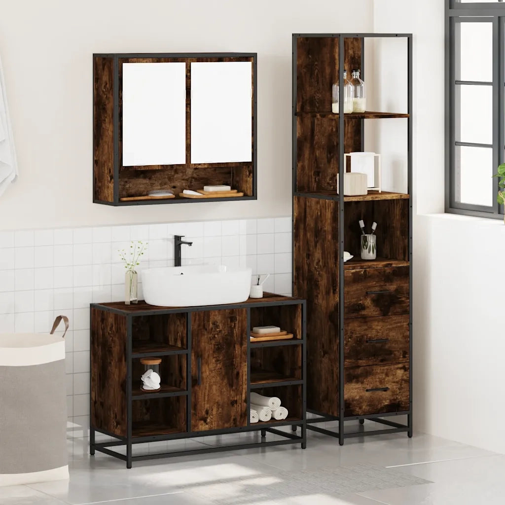 Set Mobili da Bagno 3 pz Rovere Fumo in Legno Multistrato