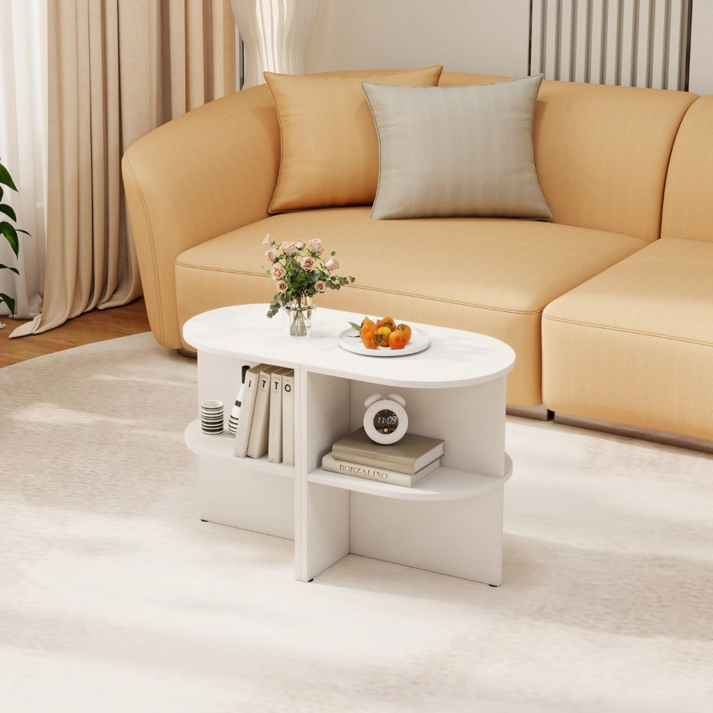 Tavolino a 2 ripiani a forma di mezzaluna con ripiani aperti da letto, Tavolino semicircolare da caff¨¨ per spazi ridotti Bianco-Tavolini