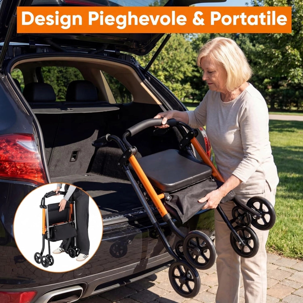 Deambulatore per Anziani Pieghevole, 2 in 1 Girello con Seduta a 3 Livelli, Sacchetti Portaoggetti e Impugnatura Ergonomica, Rollator Deambulatore Portatile per Intreno ed Esterno