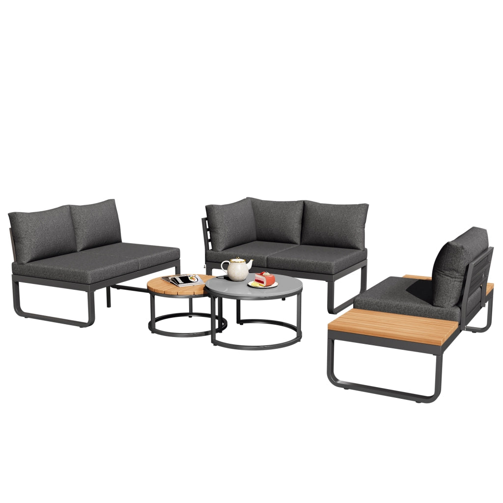 OKWISH Set di 5 mobili da giardino con 2 divani a 2 posti, 1 poltrona con piani laterali e 2 tavolini, Ferro Grigio