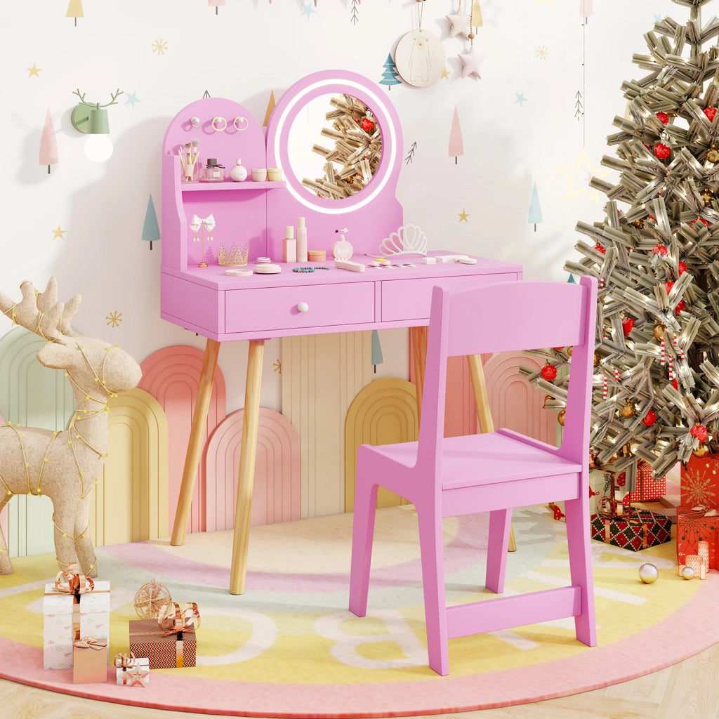 Set da trucco per bambini con specchio illuminato-Set da tavolo e sedia da principessa con ripiano aperto Rosa