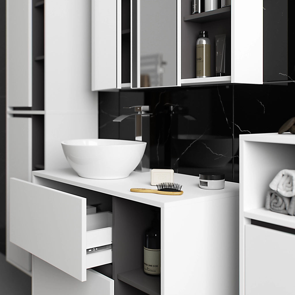Set di mobili da bagno sospesi VAMI in Bianco con interno Grigio Grafite con fori per lavabo da appoggio