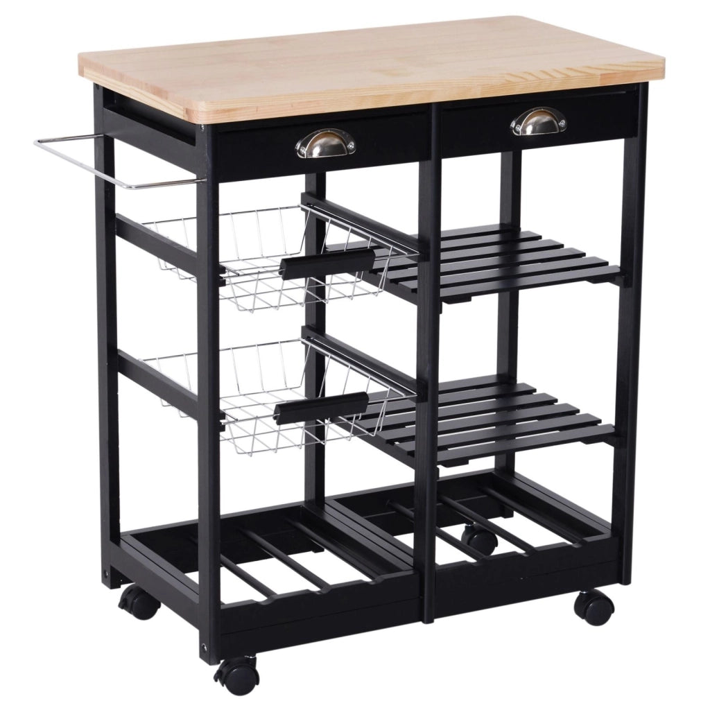 EasyComfort Carrello da Cucina Multiuso in Legno di Pino 74 x 37 x 75cm Nero