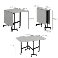 Tavolo Pieghevole a Ribalta per 4-6 Persone con 6 Rotelle, in Legno e Acciaio, 120x80x73 cm, Grigio